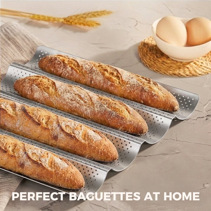 KITESSENSU Nonstick Baguette Pans for Baking, Perforated 4 Loaves French Bread Pan, Heavy Duty Baguette Baking Pans, Non Toxic Stainless Steel Baguette Tray for Oven, 15" x 13", Silver