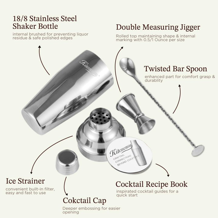KITESSENSU Cocktail Shaker, Drink Shaker with Bartender Strainer, Measuring Jigger, Bar Mixing Spoon, Professional Drink Mixer Set for Beginners, Silver
