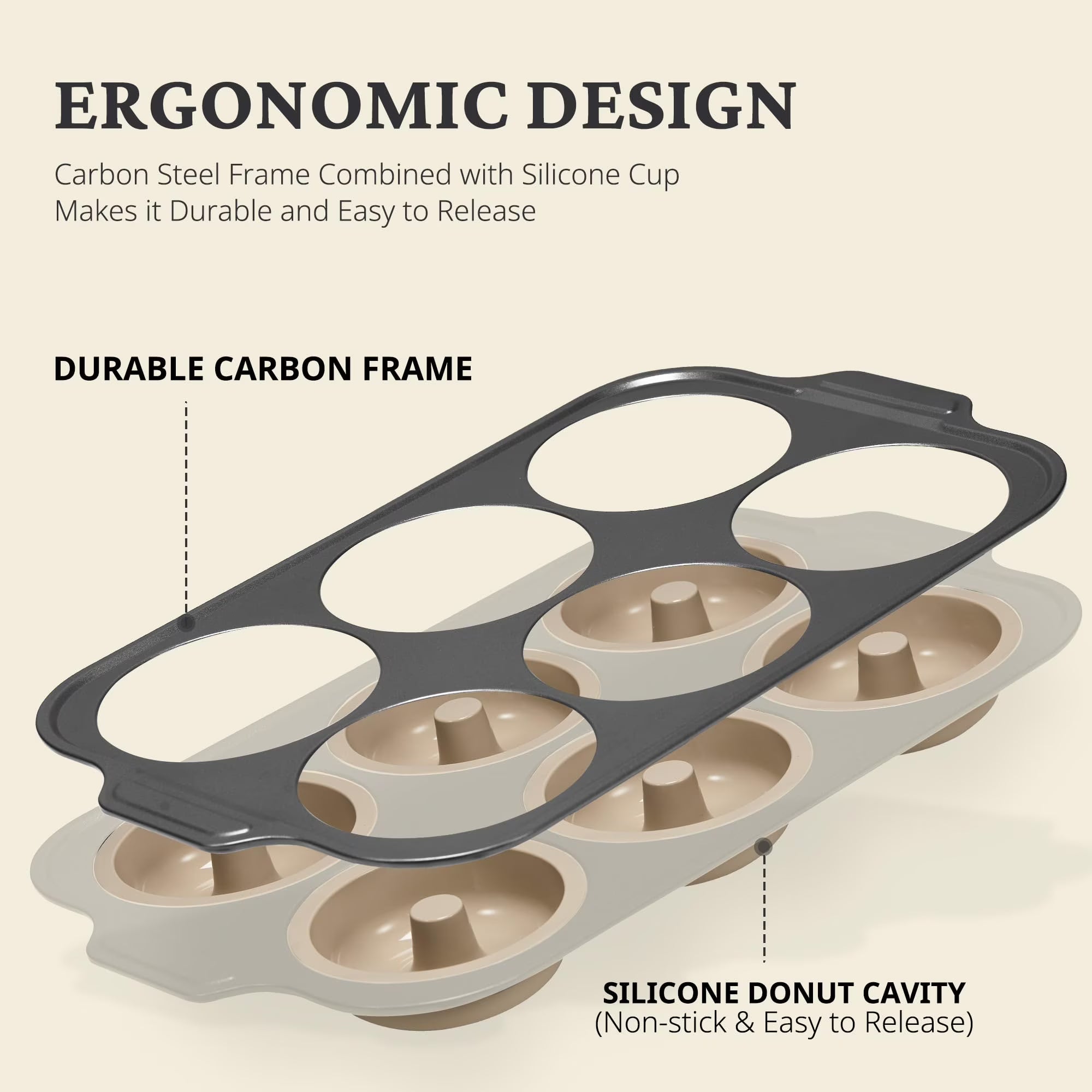 HONGBAKE Silicone Donut Pan for Baking with Metal Frame, 3.35 Inch Large doughnut pan,donut molds for baking Nonstick Non Toxic Bakeware for Oven, Brown