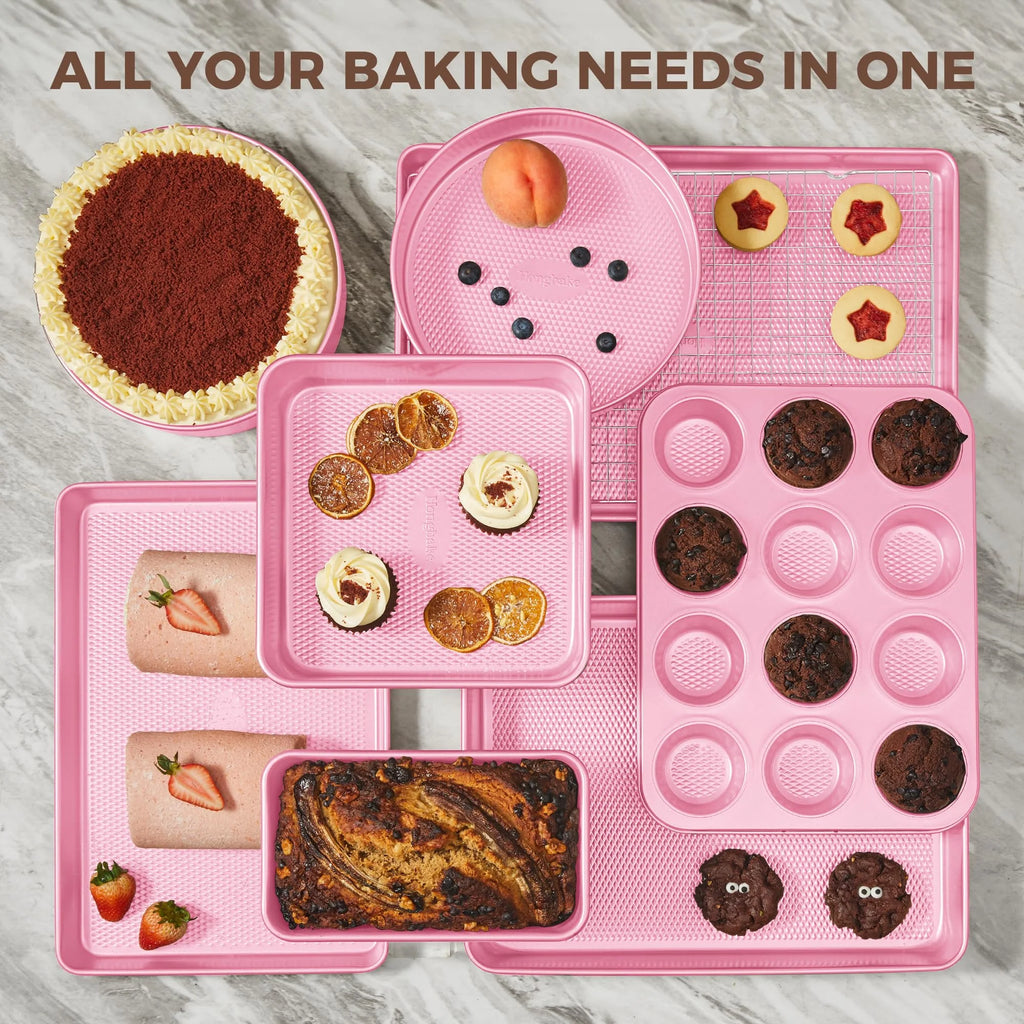 HONGBAKE 9-Piece Baking Pans Set Nonstick, Stackable Non Toxic Bakeware Sets with Diamond Texture, Oven Pan Set for Cooking, Includes Cookie Sheet with Rack, Cake Pan, Roasting Pan, Muffin Pan, Pink