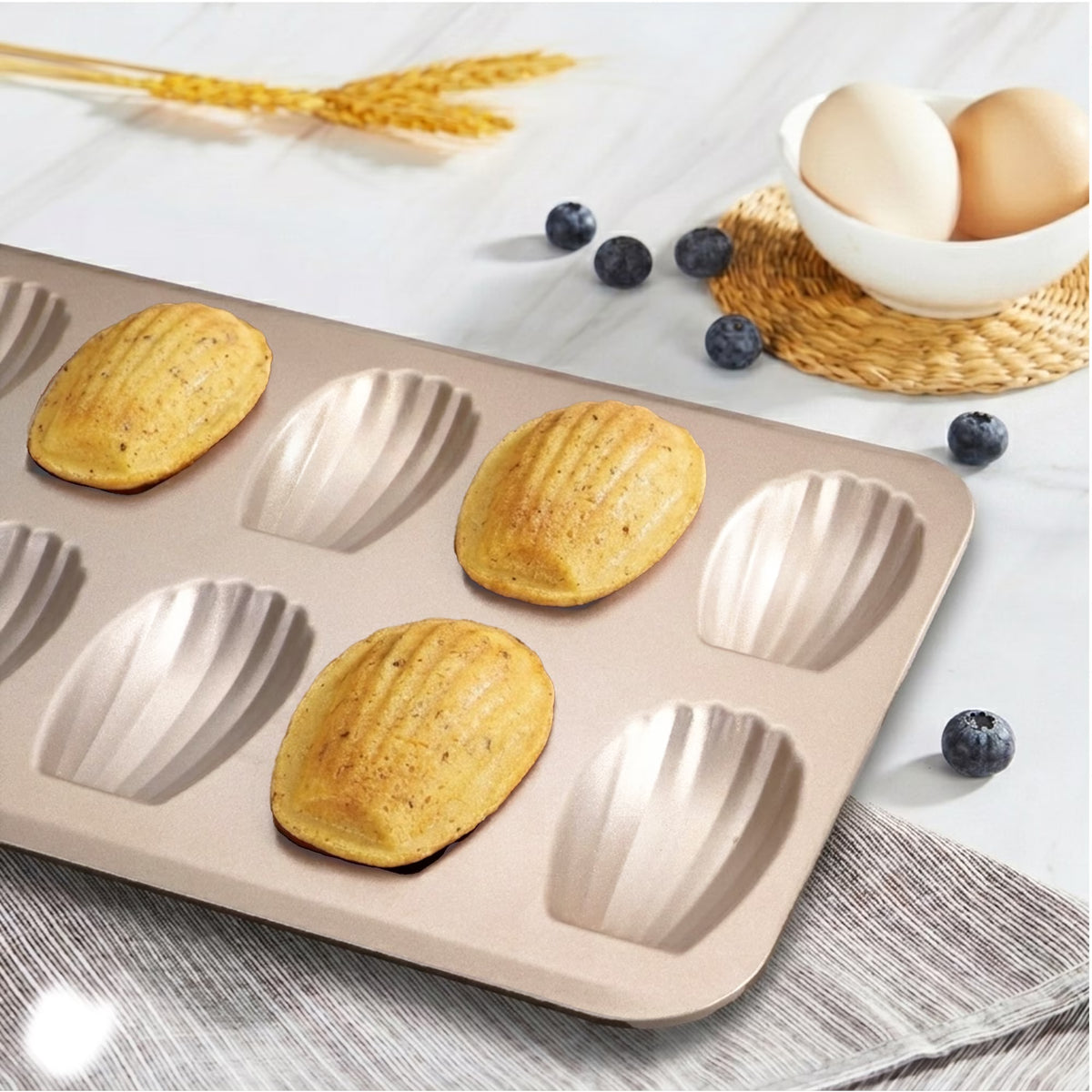 HONGBAKE Nonstick Madeleine Pan for Baking, 2 Pack 12-Cavity Shell Shape Madeleine Cooking Pan, Heavy Duty Carbon Steel Madeleine Mold, Champagne Gold