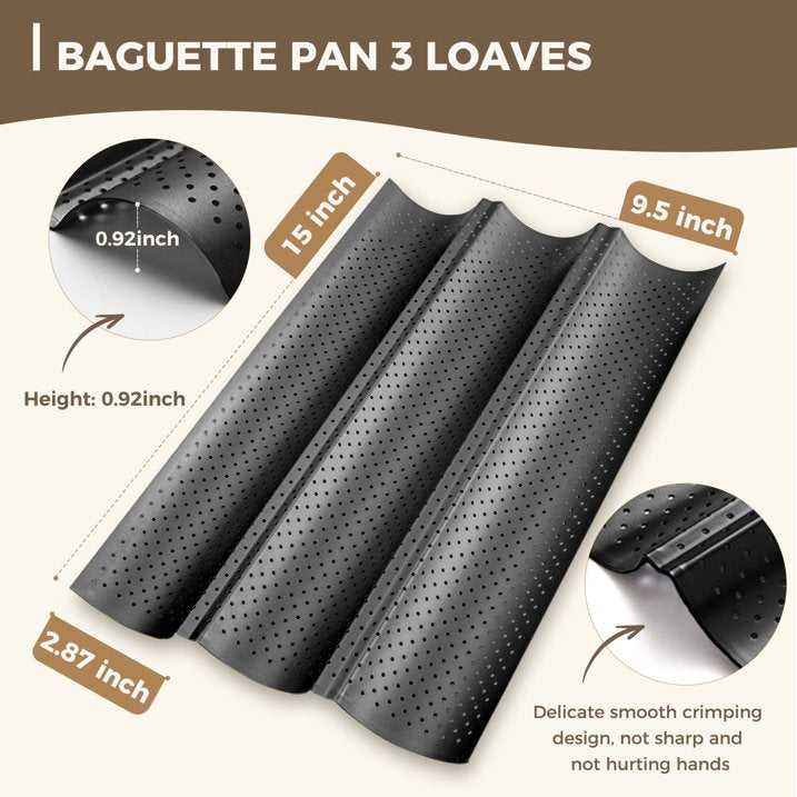 KITESSENSU Nonstick Baguette Pans for Baking, Perforated 3 Loaves French Bread Pan, Heavy Duty Baguette Baking Pans, Non Toxic Stainless Steel Baguette Tray for Oven, 15" x 9", Black