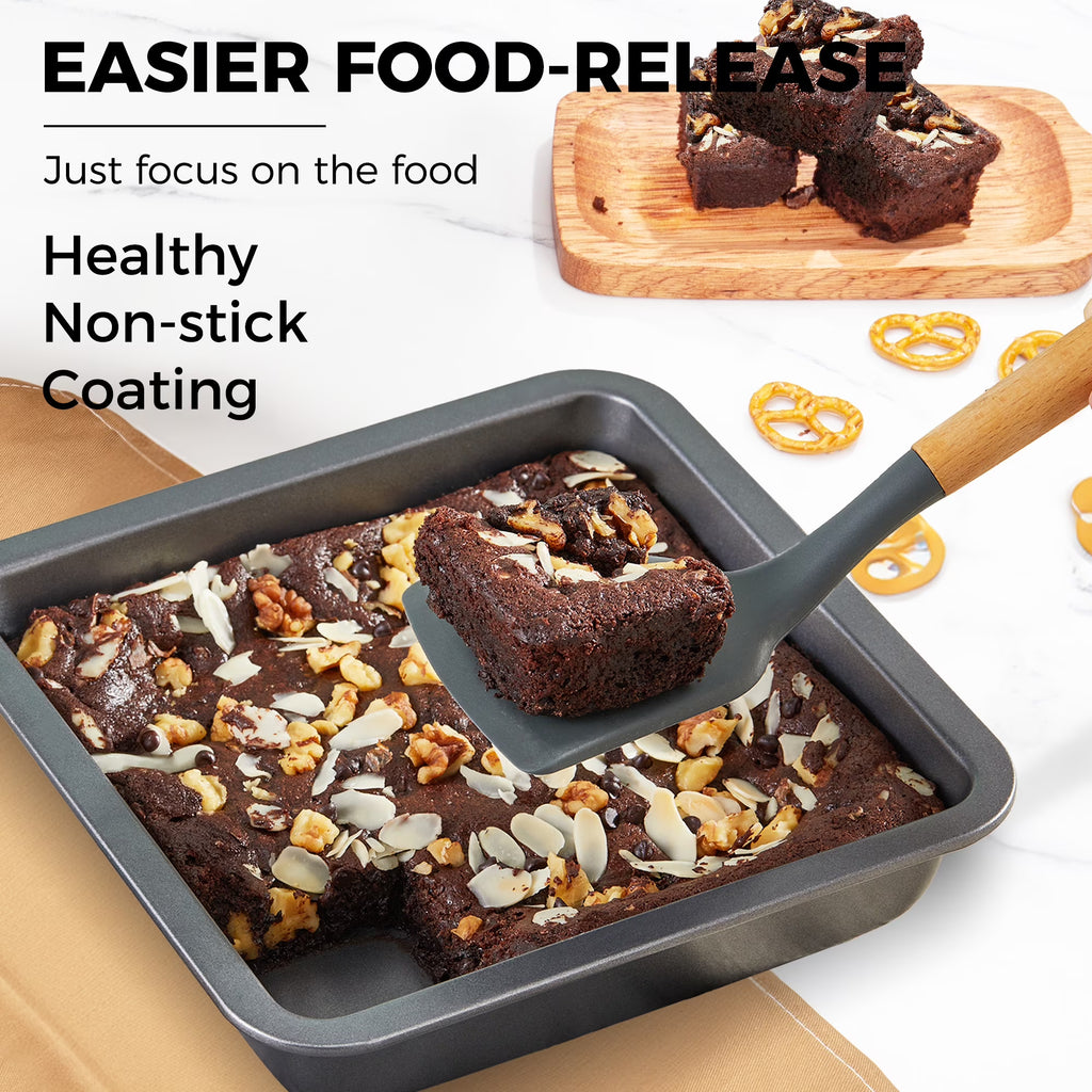 HONGBAKE 8x8 Baking Pan Set, Nonstick Square Baking Pan Set, 2 Piece Brownie Pan and Square Cake Pan for Baking, Heavy Duty Carbon Steel, Grey