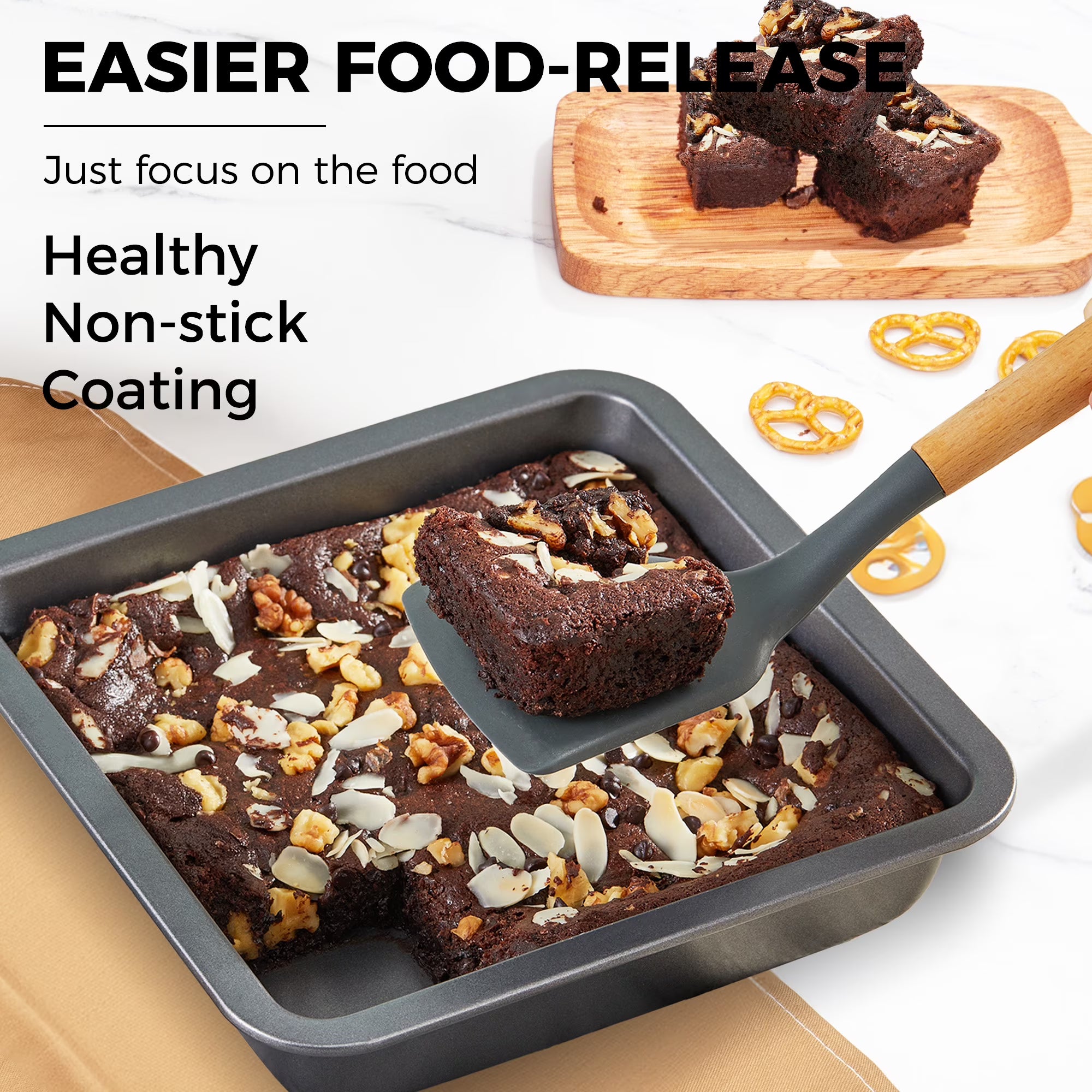 HONGBAKE 8x8 Baking Pan Set, Nonstick Square Baking Pan Set, 2 Piece Brownie Pan and Square Cake Pan for Baking, Heavy Duty Carbon Steel, Grey