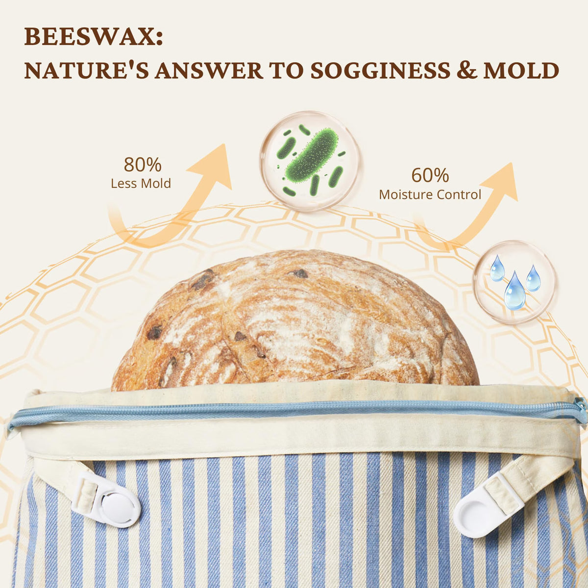 Reusable Beeswax Wrap for Food, 2-Pack Bread Bags with Zipper for Homemade Bread & Sourdough, Large 17x12.6in Wax Wraps, Sustainable Sourdough Loaf Storage to Lock in Freshness, Blue