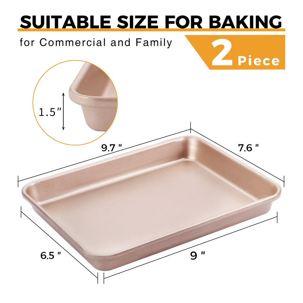 HONGBAKE 2 Pack 9.7"X7.6" Small Cookie Sheet, 57% Thicker Nonstick 1/8 Toaster Oven Pans, Heavy Duty Cookie Sheet Pan Set, Baking Sheet, Rose Gold