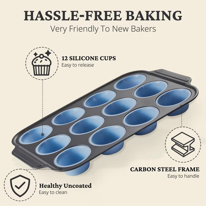 HONGBAKE Silicone Muffin Pan with Metal Frame, 12 Cup Muffin Tin for Cupcakes & Egg Bites, Nonstick Non-Toxic Bakeware, Blue