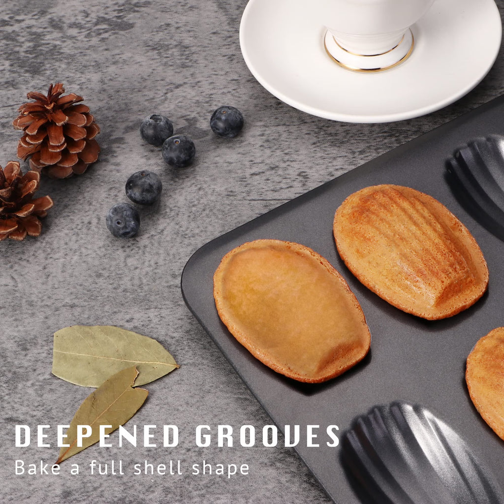 HONGBAKE Nonstick Madeleine Pan 2 Pack 12-Cavity Heavy Duty Madeleine Cookies Trays for Oven Baking, Cake Mold Warp Resistant Shell Shape Madeleine Mold Cake Pan, Space Grey