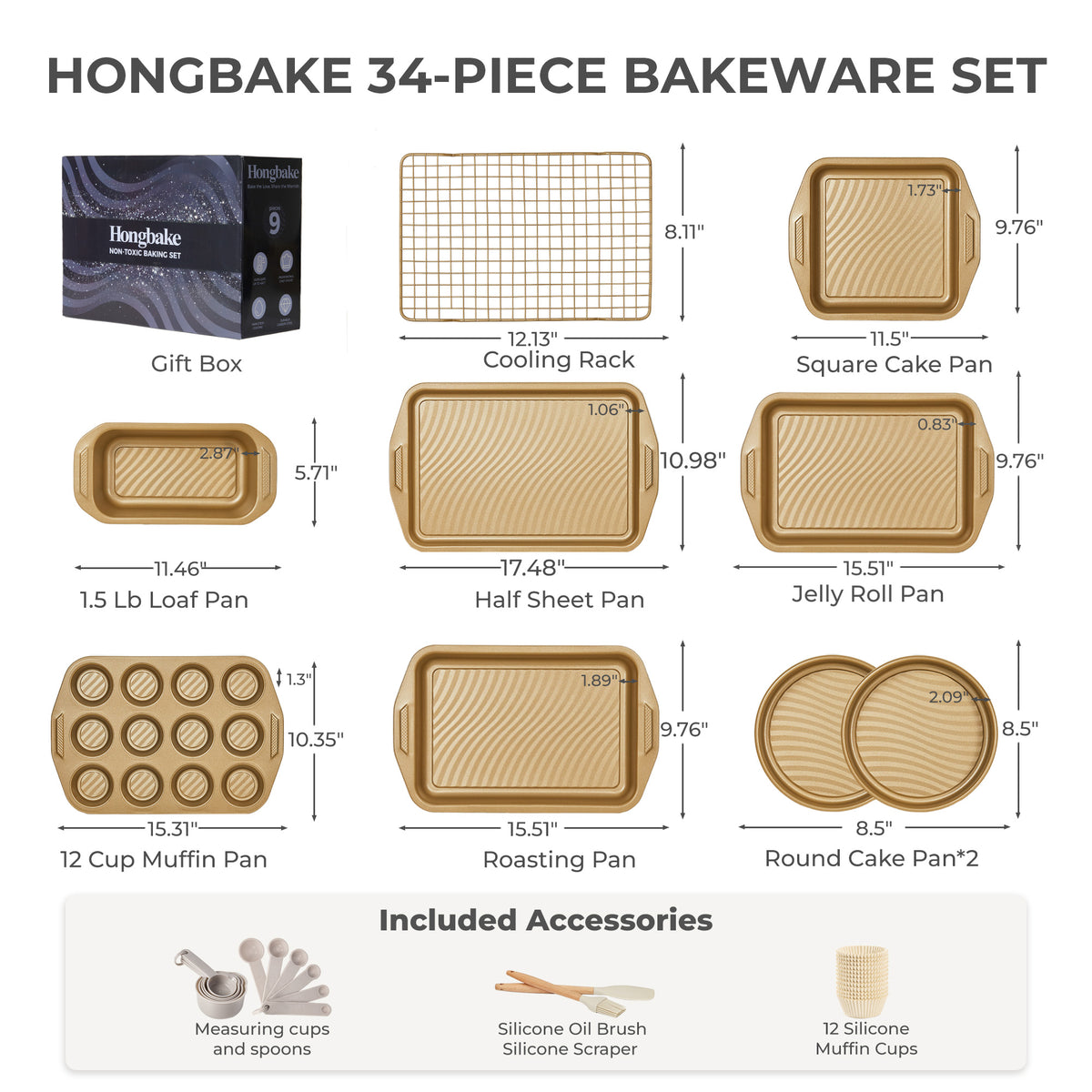HONGBAKE 34-Piece Non Stick Bakeware Sets with Wave Texture for Reduced Grease, 0.8mm Thick Non Toxic Baking Pans Set, Includes Stackable Cookie Sheets for Oven, Gold