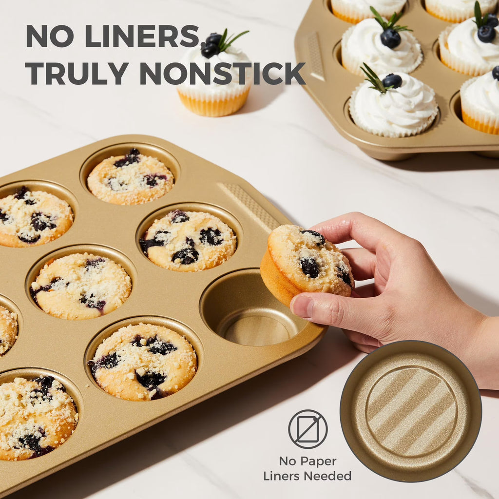HONGBAKE 9-Piece Non Stick Bakeware Sets with Wave Texture for Reduced Grease, 0.8mm Thick Non Toxic Baking Pans Set, Includes Stackable Cookie Sheets for Oven, Gold