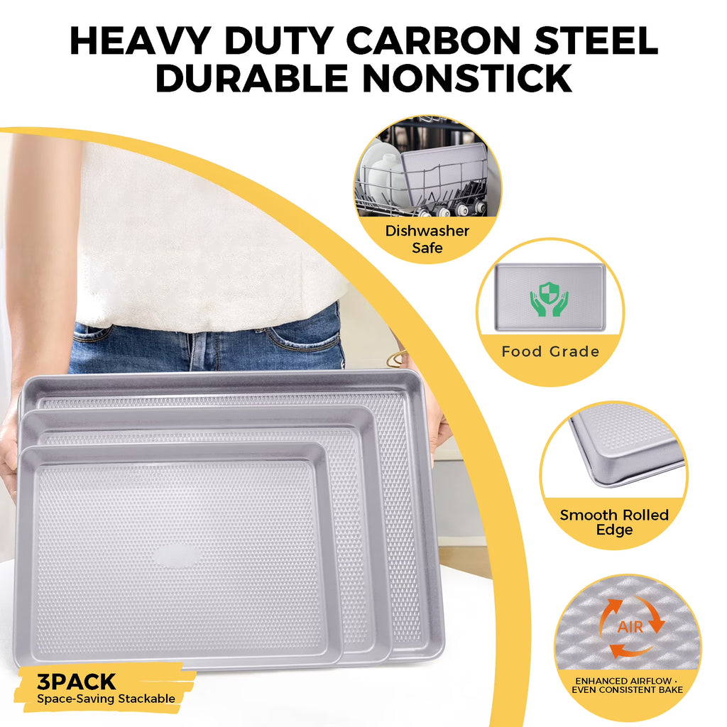 HONGBAKE Ceramic Cookie Sheets Nonstick Sets, Non-Toxic Baking Pan, Cookie Sheets for Baking with Diamond Texture Pattern, Heavy Duty 0.8mm Aluminized Stee Baking Sheet Pans for oven - Ceramic Gray