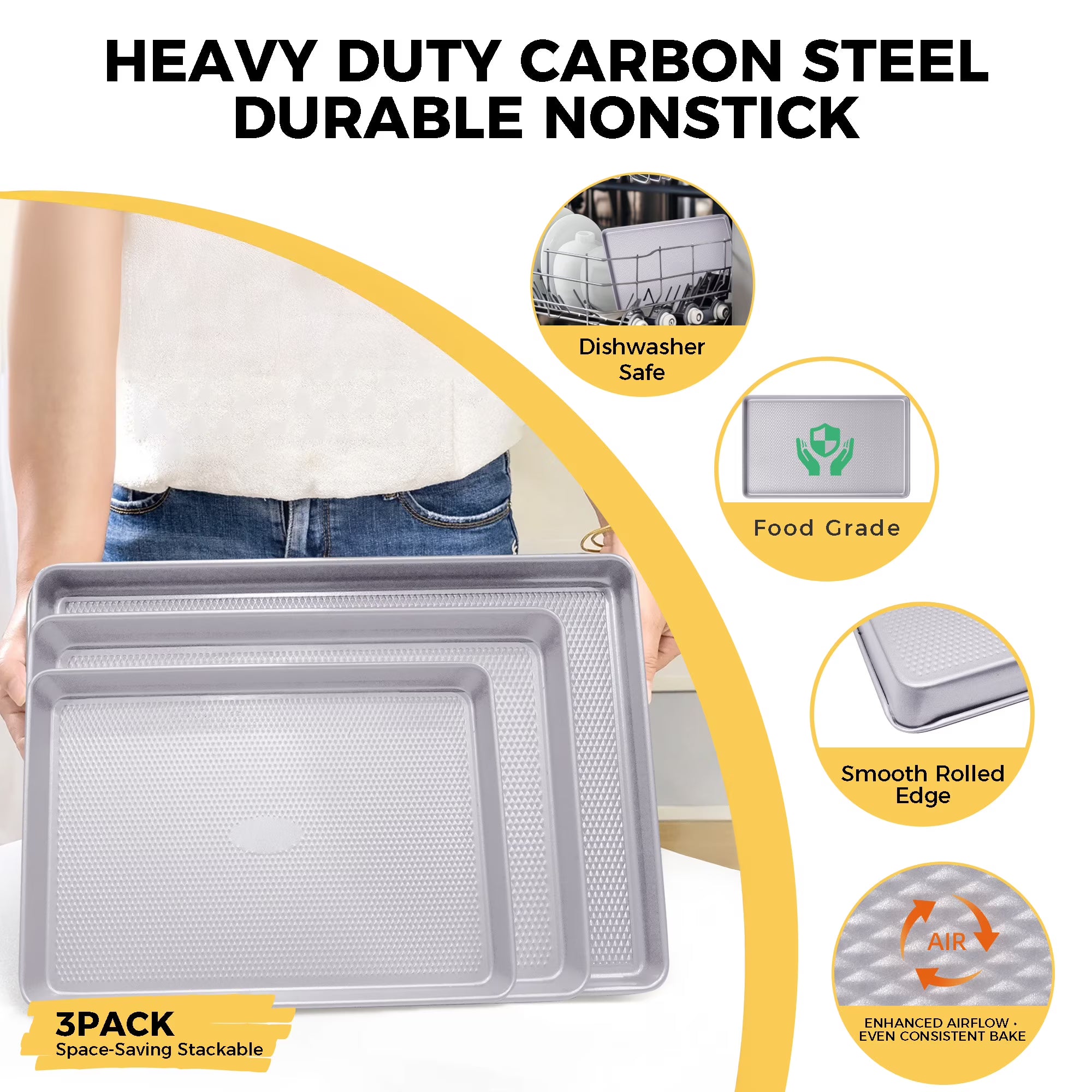 HONGBAKE Ceramic Cookie Sheets Nonstick Sets, Non-Toxic Baking Pan, Cookie Sheets for Baking with Diamond Texture Pattern, Heavy Duty 0.8mm Aluminized Stee Baking Sheet Pans for oven - Ceramic Gray