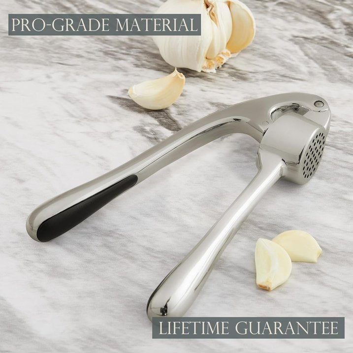 Premium Garlic Press, Garlic Mincer Set of 3 with Silicone Roller Peeler & Cleaning Brush - Imperial Silver