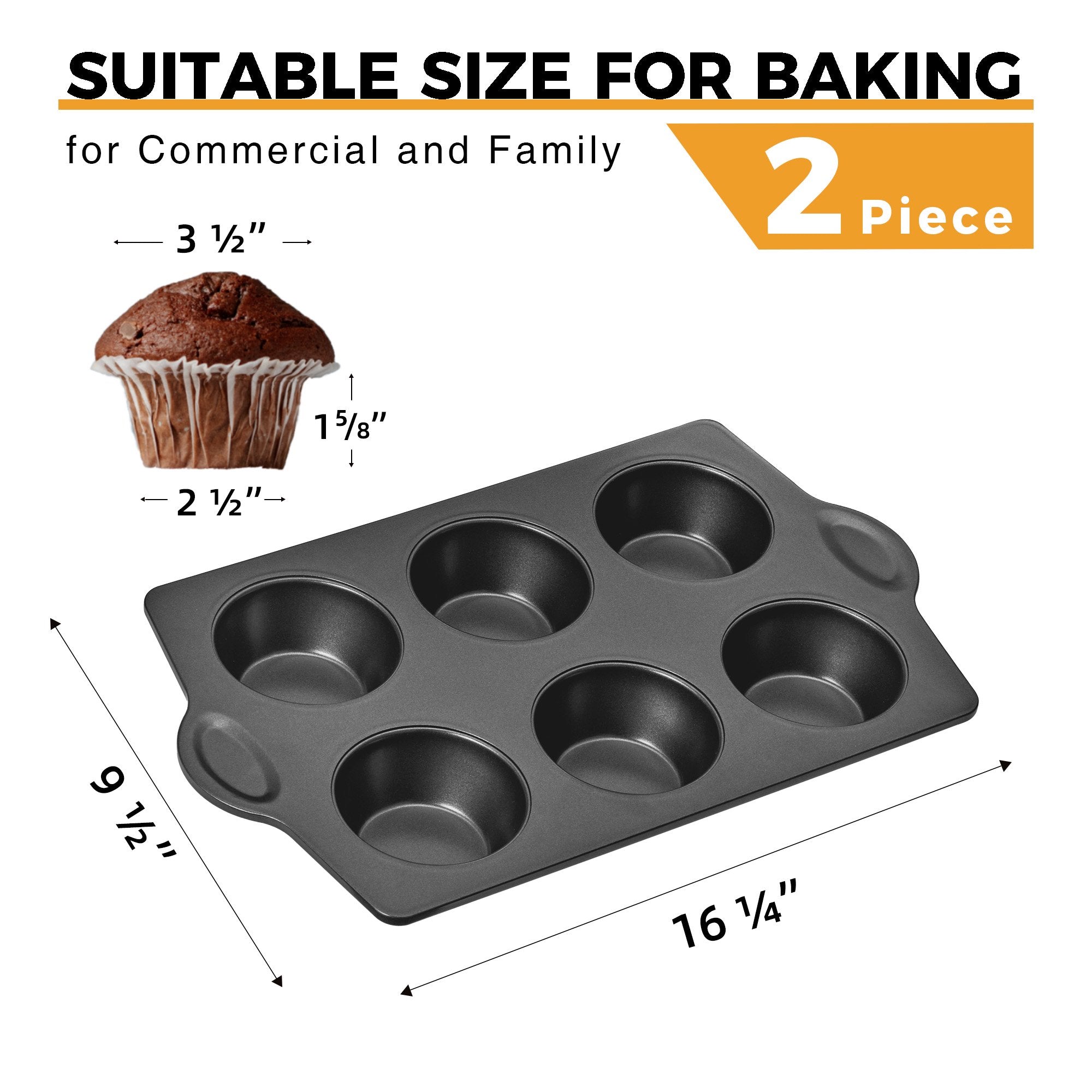 HONGBAKE 2 Pack Jumbo Muffin Pan Nonstick, 6 Cup Non Toxic Jumbo Cupcake Pan for Baking, 27% Thicker Carbon Steel Large Muffin Tin, 3.5dia, Dishwasher Safe