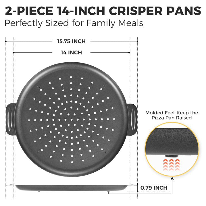 HONGBAKE 2 Pack Pizza Pan 14 Inch with Holes, Nonstick Pizza Pan for Oven, 0.8mm Carbon Steel Perforated Pizza Tray with Wider Handles, Round Baking Sheet for Frozen & Homemade Pizza, Grey