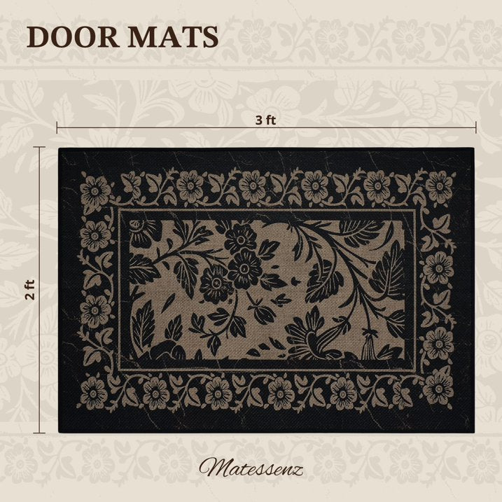 MatEssenz Washable Area Rug 2'x3', Non-Slip Low-Pile Entryway Kitchen Rug, Absorbent Pet-Friendly Vintage Floral, Black/Tan