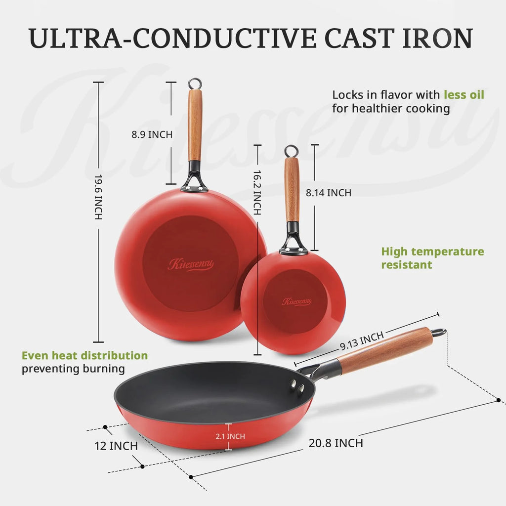 KITESSENSU Enameled Cast Iron Skillets, Non Stick Frying Pans Set with Durable Wooden Handle, 8&10&12 Inch Cast Iron Pans for Multi-Cooking, Pre Seasoned Cookware Set - Gradual Burgundy Red