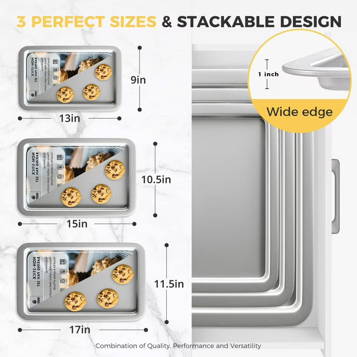 HONGBAKE Baking Sheet Pan, Cookie Sheet Pans for Baking, Cookie Sheets Nonstick Sets, Baking Trays for Oven, Baking Sheets for Oven with Wider Grips, Dishwasher Safe (3 Pack), Sliver