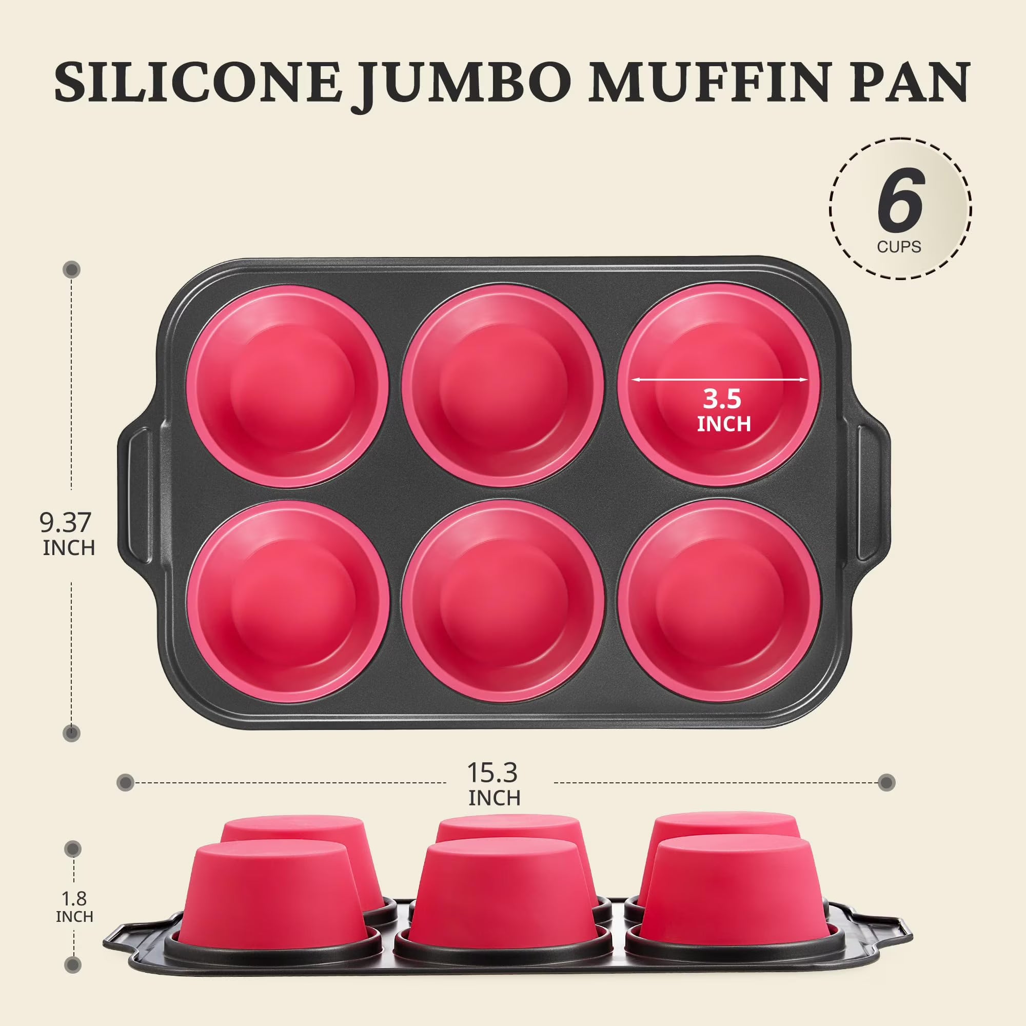 HONGBAKE Jumbo Silicone Muffin Pan with Metal Frame, 3.5" Large Muffin Tins, Non-Toxic Food Grade Silicone, Non-Stick for Egg Bites & Big Cupcakes, Oven Safe, Pink
