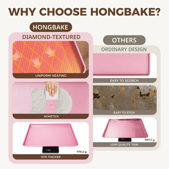 HONGBAKE 9-Piece Baking Pans Set Nonstick, Stackable Non Toxic Bakeware Sets with Diamond Texture, Oven Pan Set for Cooking, Includes Cookie Sheet with Rack, Cake Pan, Roasting Pan, Muffin Pan, Pink