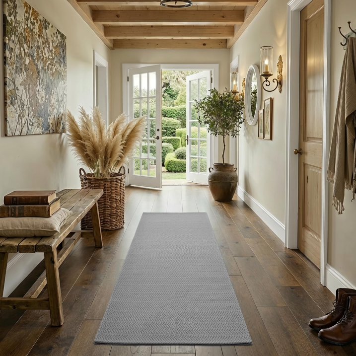 MatEssenz 2'x6' Faux Linen Runner Rug, Washable Woven Textured Long Hallway Carpet, Slip Resistant Gel Backing Indoor Floor Runner for Kitchen Entryway Laundry Room, Grey