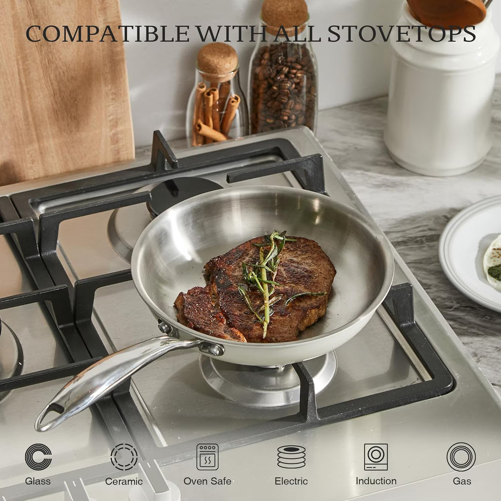 KITEXPERT 8" Tri-Ply Stainless Steel Frying Pan, Skillet Pan with Cold Handle, Dishwasher & Oven Safe, Compatible with All Stovetops