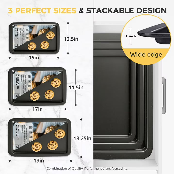 HONGBAKE XL Large Baking Sheet Pan, Cookie Sheet Pans for Baking, Cookie Sheets Nonstick Sets, Baking Trays for Oven, Baking Sheets for Oven with Wider Grips, Dishwasher Safe (3 Pack), Grey