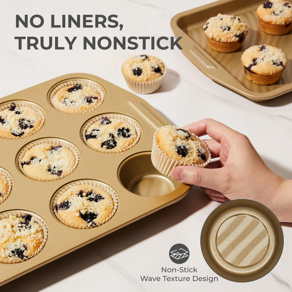 HONGBAKE 34-Piece Non Stick Bakeware Sets with Wave Texture for Reduced Grease, 0.8mm Thick Non Toxic Baking Pans Set, Includes Stackable Cookie Sheets for Oven, Gold