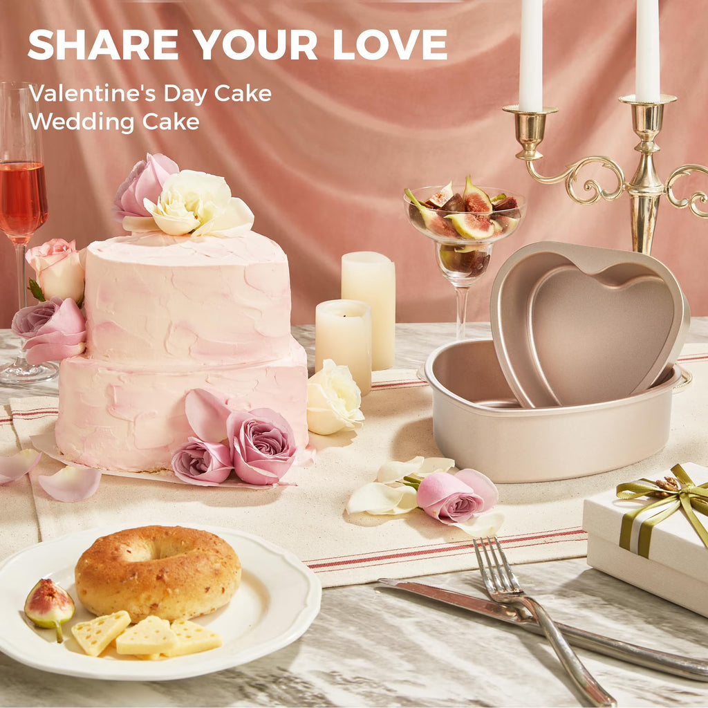 HONGBAKE Heart Shaped Cake Pan, Nonstick 8 & 6 inch Cheesecake Pans Set, Heart Shape Layer Cake Mold, Baking Tin for Valentine's Day, Weddings, 2 Pieces, Heavy Duty, Gold