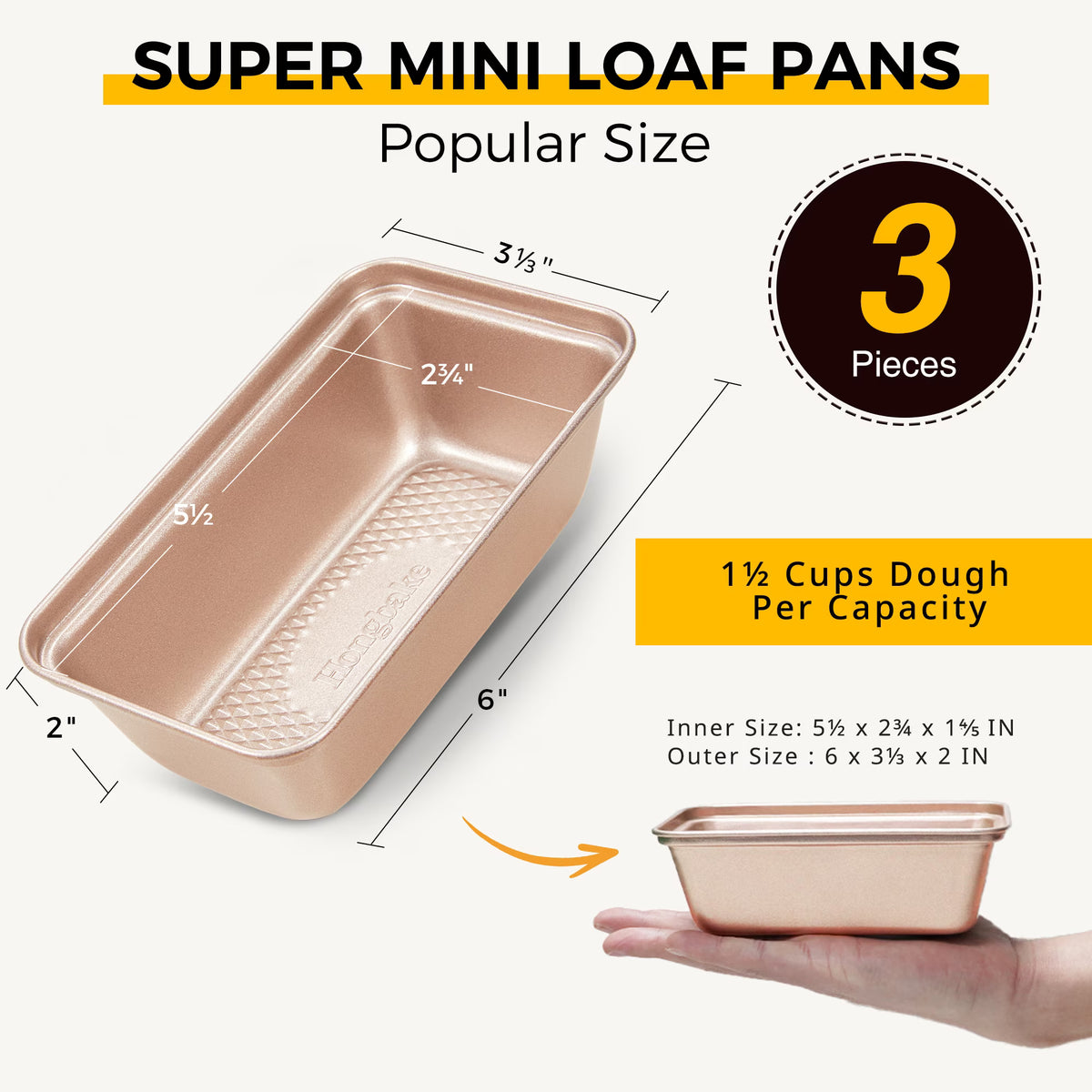 HONGBAKE 3 Pack Nonstick Mini Loaf Pans, 6 x 3.3 x 2 Inch Small Bread Pans for Homemade Bread, Banana Small Baking Pans with Diamond Texture, Non-toxic Mini Meatloaf Pans Set, Champagne Gold