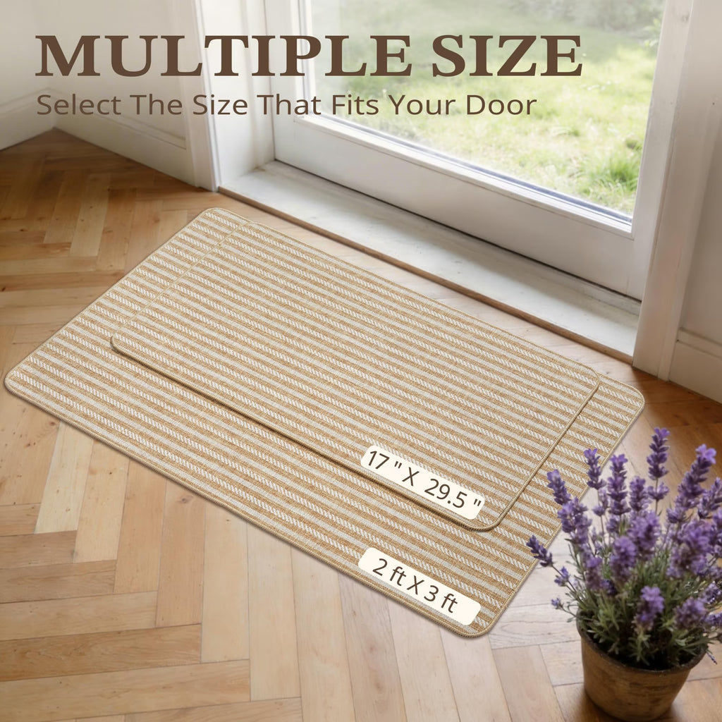 MatEssenz Washable Indoor Doormat 17"x29.5", Low Profile Entryway Rug with Non-Slip Rubber Backing, Striped Woven Faux Linen Front Door Mat, Pet Friendly Dirt Trapper, Khaki