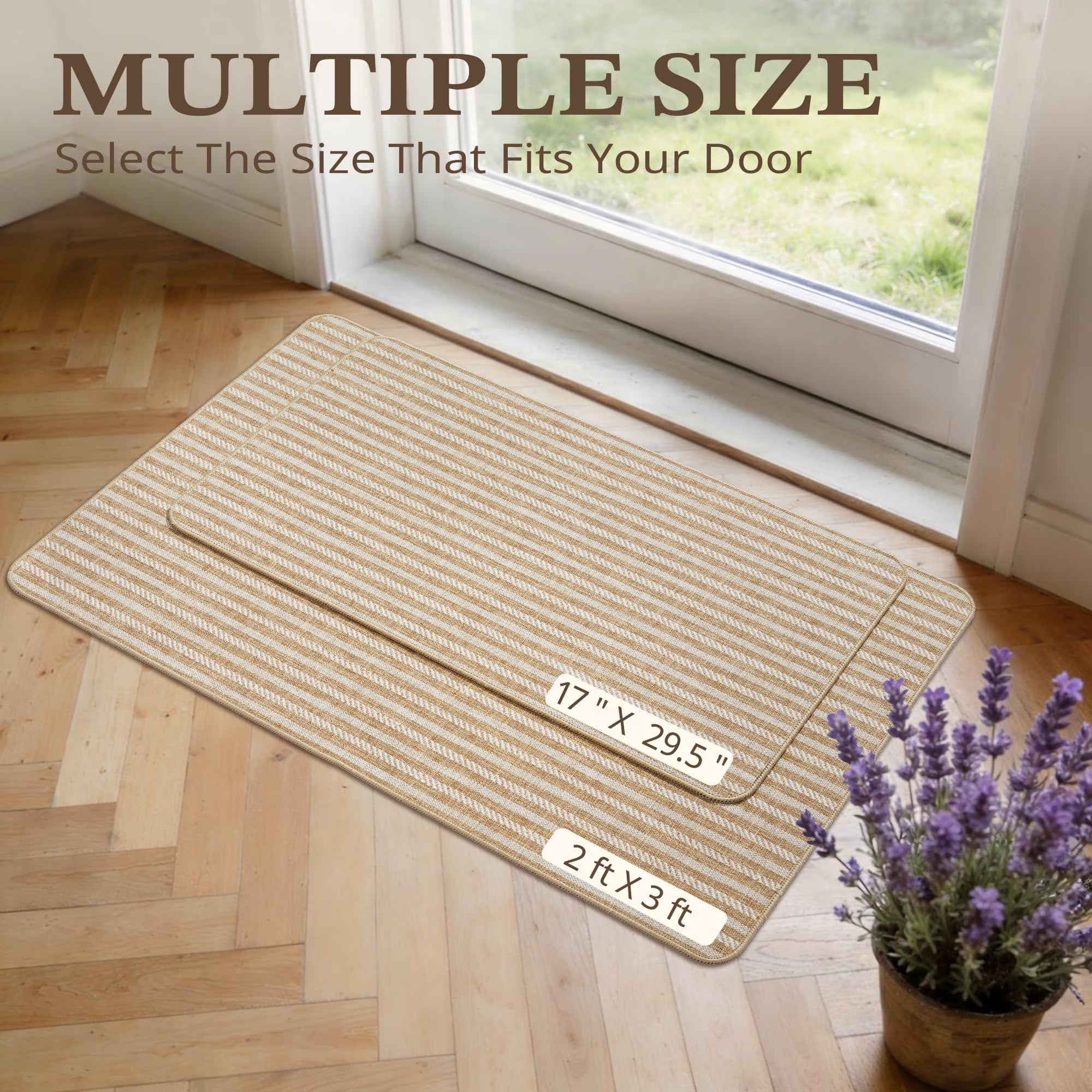 MatEssenz Washable Indoor Doormat 17"x29.5", Low Profile Entryway Rug with Non-Slip Rubber Backing, Striped Woven Faux Linen Front Door Mat, Pet Friendly Dirt Trapper, Khaki