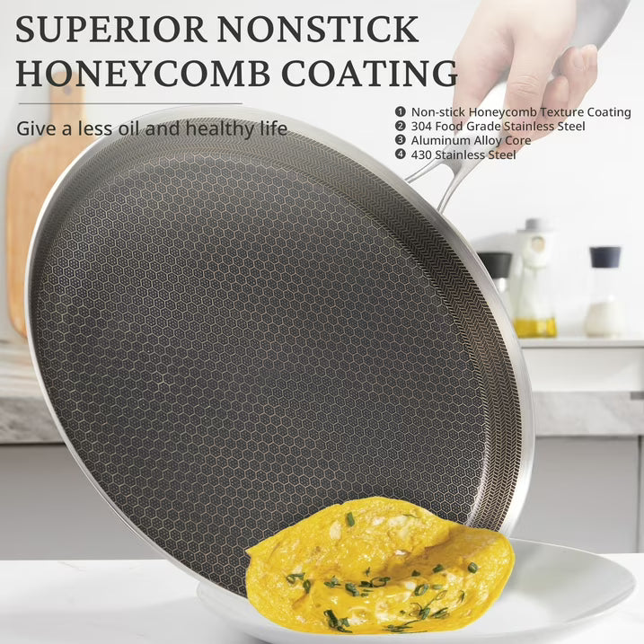 KITESSENSU 11 Inch Stainless Steel Frying Pan Nonstick Crepe Pan , Honeycomb Coating Flat Skillet, Tawa Dosa Tortilla Pan ,Omelet Pan with All Stove Tops Available