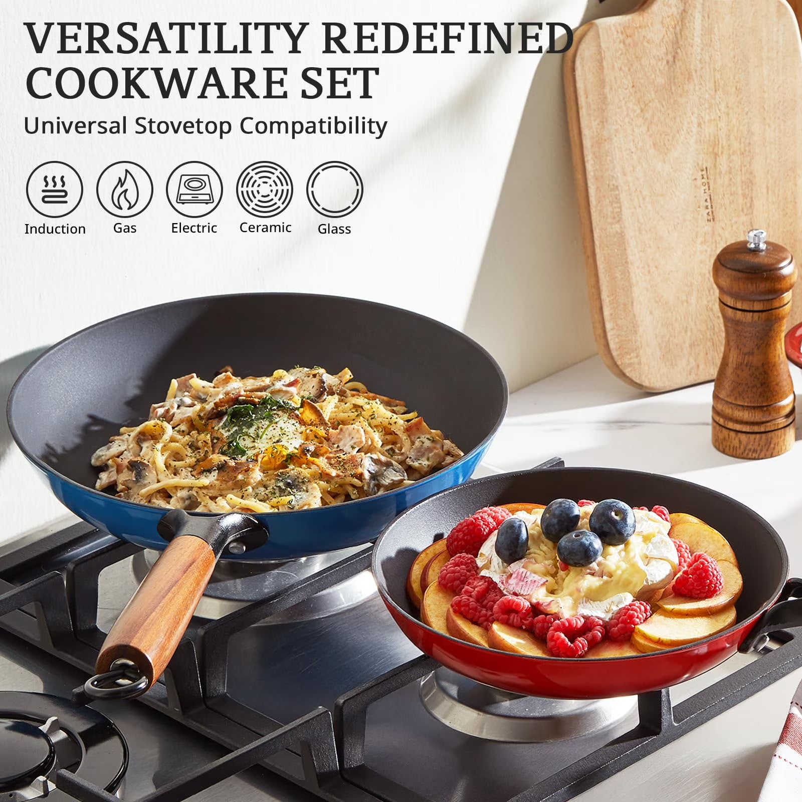 KITESSENSU Enameled Cast Iron Skillet Set of 3 (8/10/12 Inch), Titanium Nonstick Frying Pans with Cool Wooden Handle, Compatible with All Stovetops, Gradual Cobalt Blue