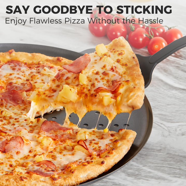 HONGBAKE 2 Pack Pizza Pan 14 Inch with Holes, Nonstick Pizza Pan for Oven, 0.8mm Carbon Steel Perforated Pizza Tray with Wider Handles, Round Baking Sheet for Frozen & Homemade Pizza, Grey