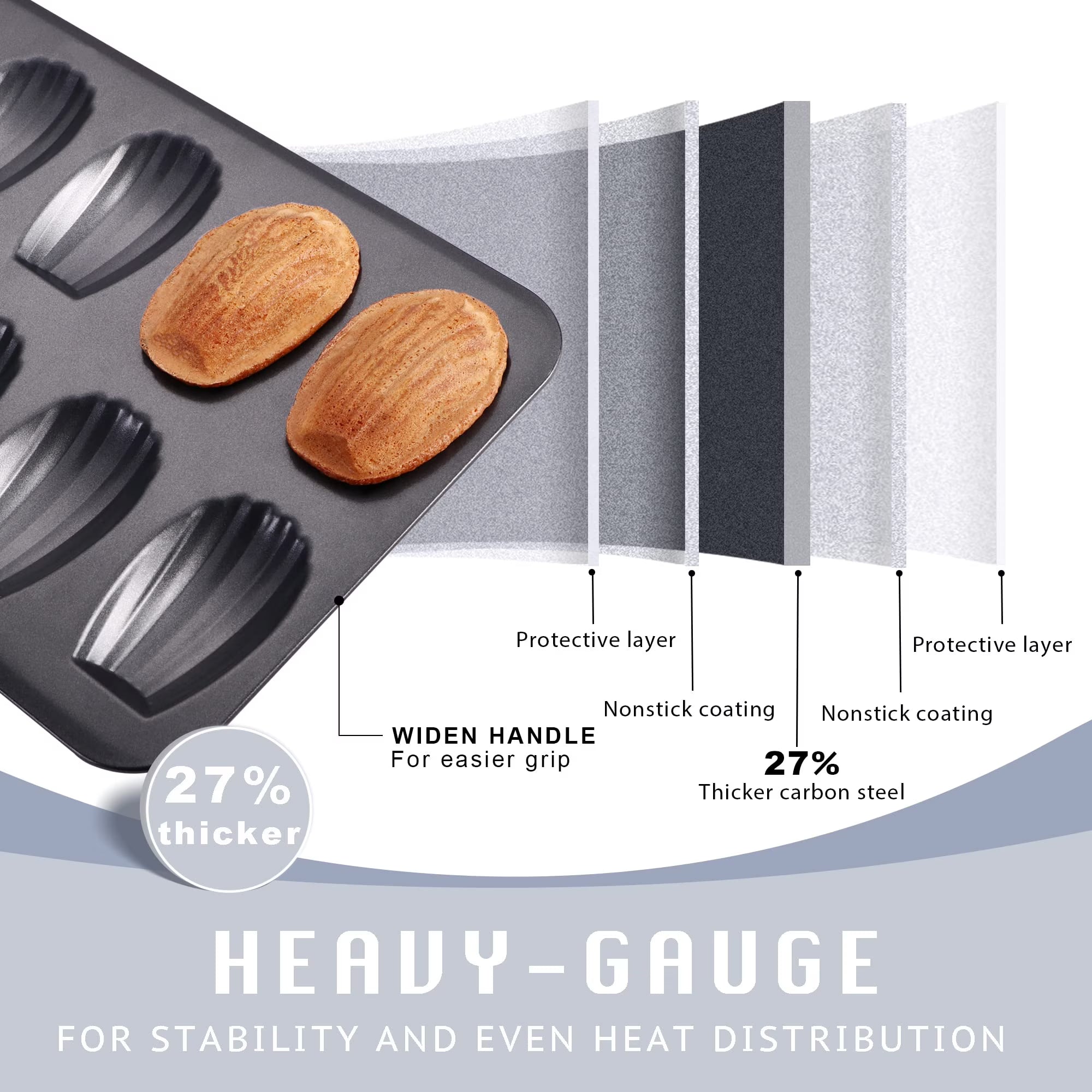 HONGBAKE Nonstick Madeleine Pan 2 Pack 12-Cavity Heavy Duty Madeleine Cookies Trays for Oven Baking, Cake Mold Warp Resistant Shell Shape Madeleine Mold Cake Pan, Space Grey