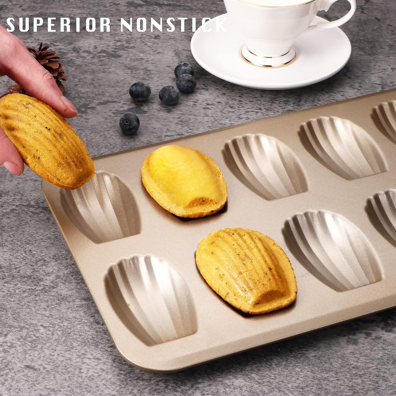 HONGBAKE Nonstick Madeleine Pan for Baking, 2 Pack 12-Cavity Shell Shape Madeleine Cooking Pan, Heavy Duty Carbon Steel Madeleine Mold, Champagne Gold