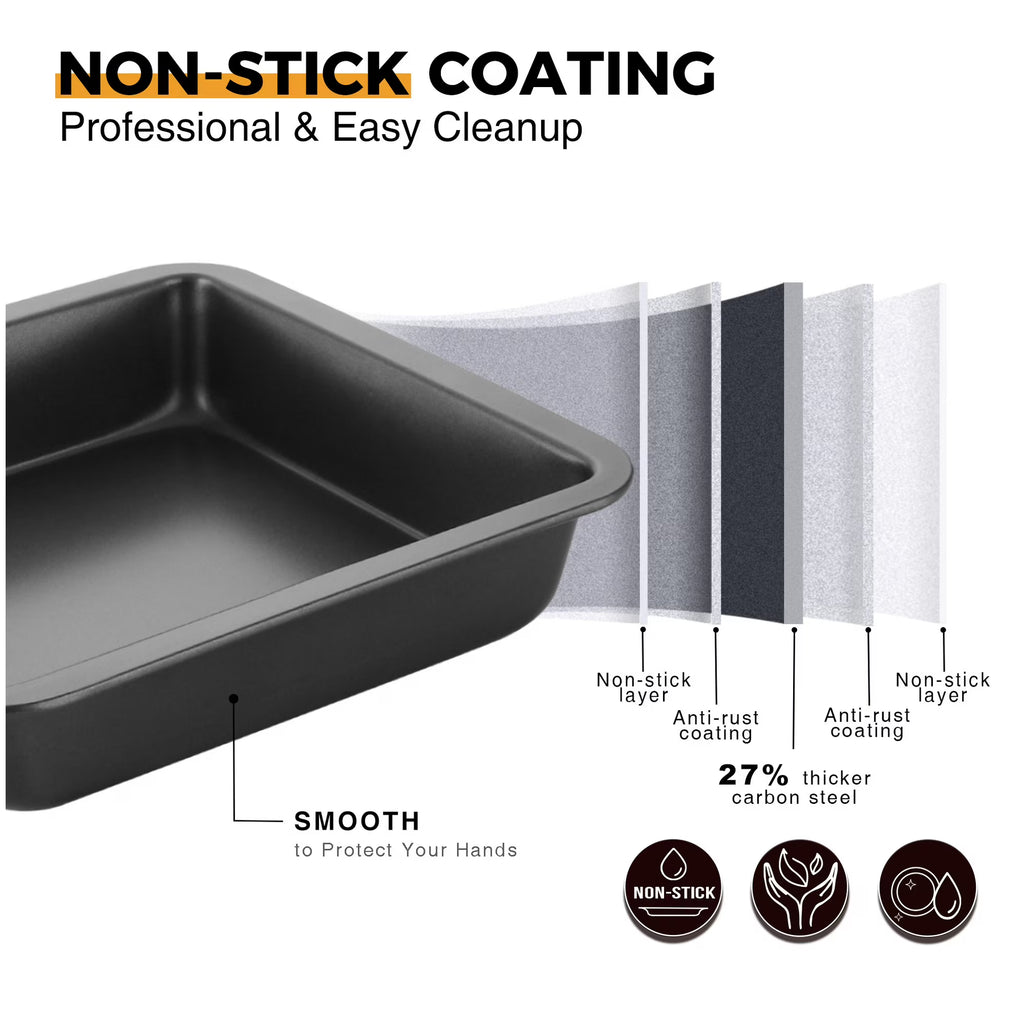 HONGBAKE 8x8 Baking Pan Set, Nonstick Square Baking Pan Set, 2 Piece Brownie Pan and Square Cake Pan for Baking, Heavy Duty Carbon Steel, Grey