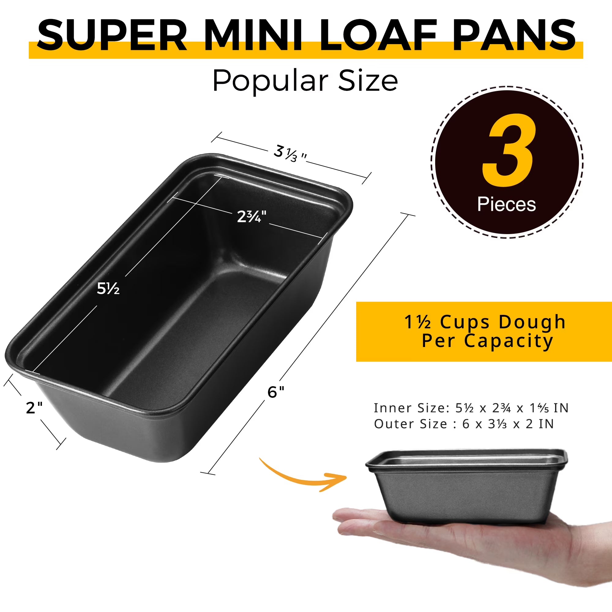 HONGBAKE Super Mini Loaf Pans for Baking, Nonstick Small Bread Pans of 3, 6 x 3.2 x 2 In Tiny Carbon Steel Small Baking Pans - Dark Grey