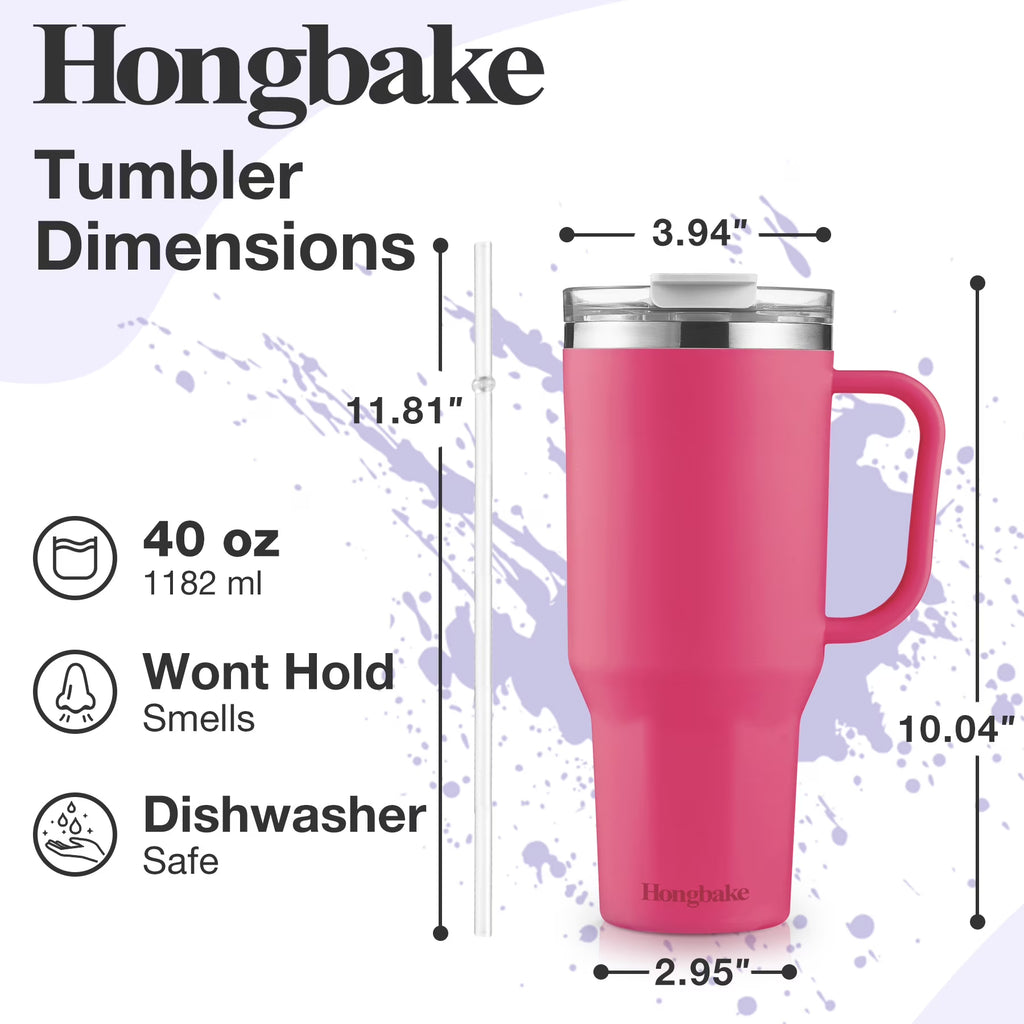 HONGBAKE 40oz Stainless Steel Tumbler with Handle & Straw Lid, Vacuum Insulated Tumbler, Blush Pink