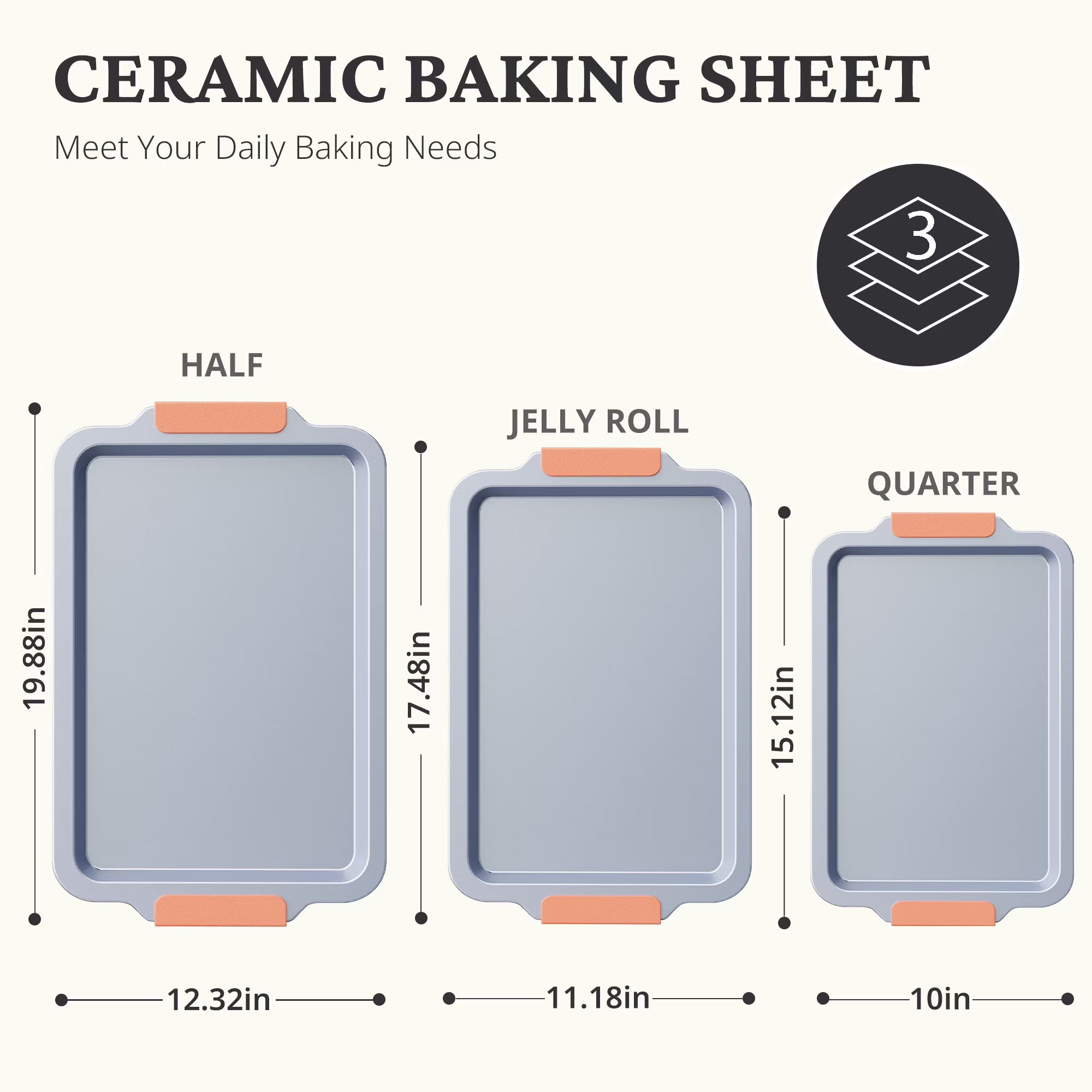 HONGBAKE Non Toxic Ceramic Cookie Sheets for Baking, 3-piece Non Stick Baking Sheet Pans for Oven, Heavy Duty Aluminized Steel Baking Pans Set with Silicone Handles -Orange