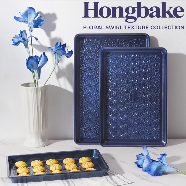 HONGBAKE Nonstick Baking Sheet Pan Set of 3, Cookie Sheets for Oven, Non-Toxic Half/Quarter/Jelly Roll Pans with Floral Swirl Texture, Heavy Duty 0.8mm Thick Oven Trays for Cooking, Blue