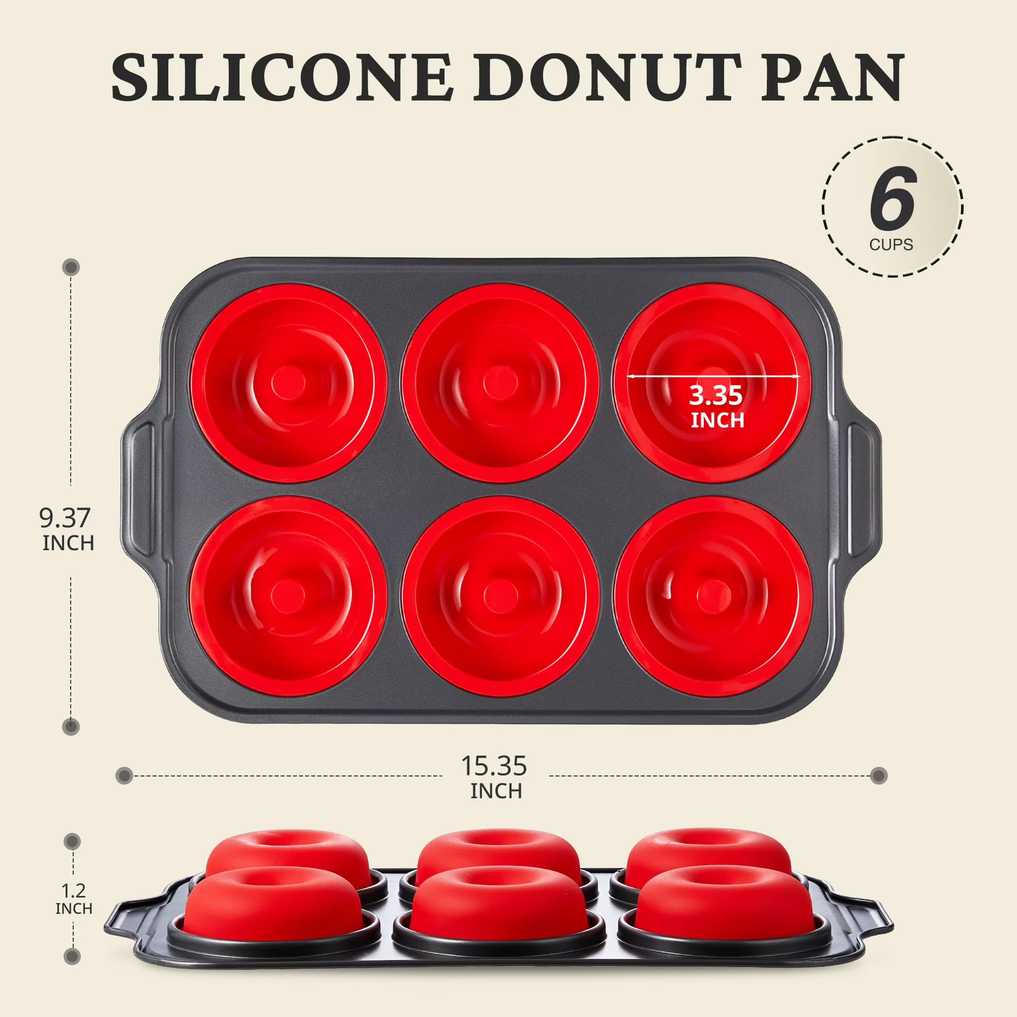 HONGBAKE Silicone Donut Pan for Baking with Metal Frame, 3.35 Inch Large doughnut pan,donut molds for baking Nonstick Non Toxic Bakeware for Oven, Red