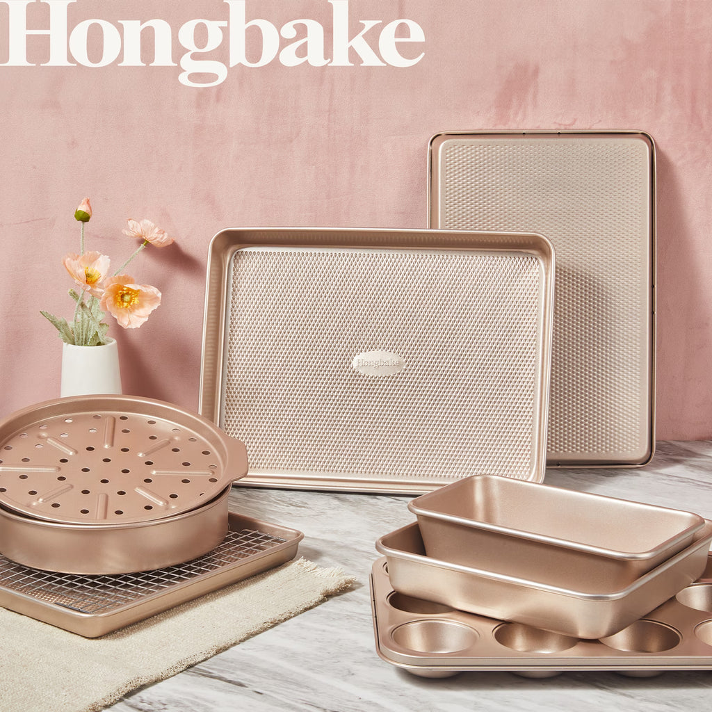 HONGBAKE 28-Piece Bakeware Set, Nonstick Baking Pans with Cookie Sheet & Rack, Cake Pan, Muffin Pan, Pizza Pan, Loaf Pan, Gold