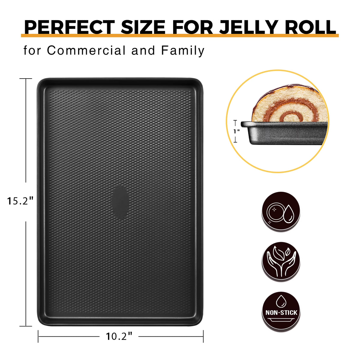 HONGBAKE Jelly Roll Pan 15x10 with Diamond Texture, Cookie Sheet for Baking, Non Stick Baking Sheet Pan for Oven, Heavy Duty Baking Trays Non Toxic, 57% Thicker Carbon Steel, Black