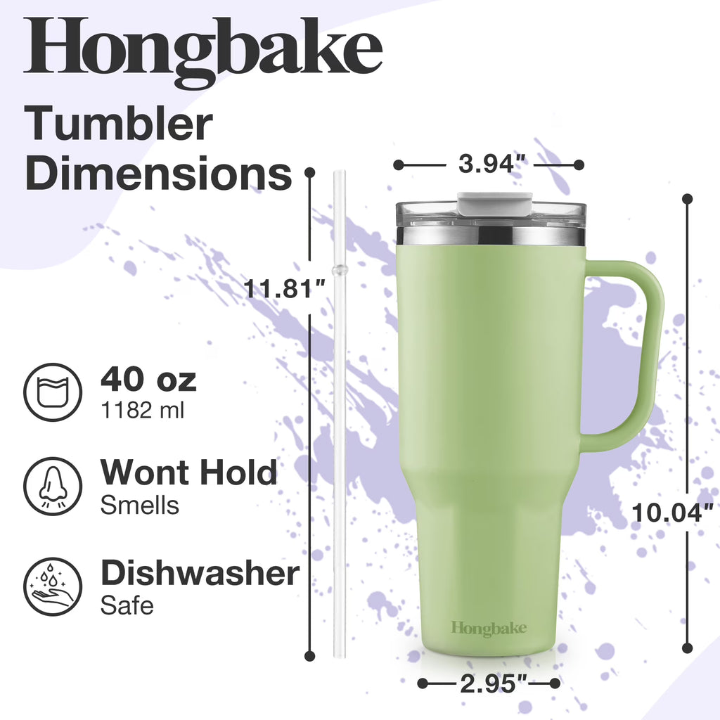 HONGBAKE 40oz Stainless Steel Tumbler with Handle & Straw Lid, Vacuum Insulated Tumbler, Sage Green