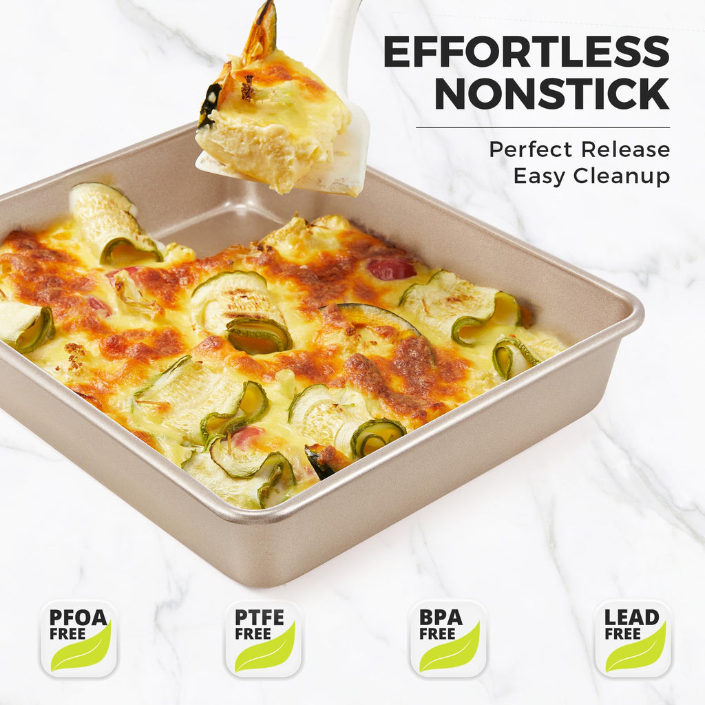 HONGBAKE Deep Baking Pans Set of 3, Nonstick Rectangle Sheet Cake Pans, 13/11/9 Inch Metal Oven Tray for Cooking Lasagna Brownie, Stackable Multi-Depth Bakeware, Golden