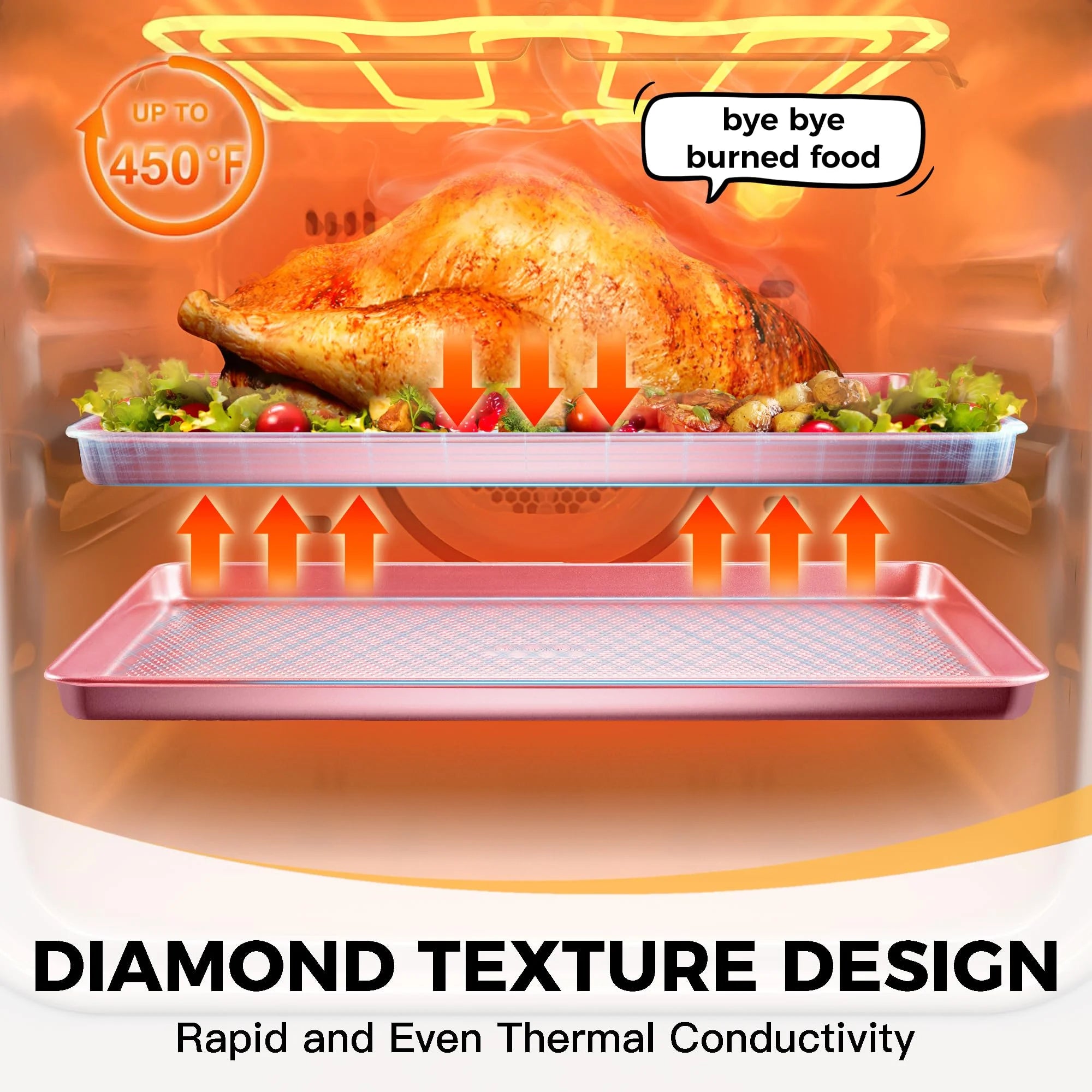 HONGBAKE 9-Piece Baking Pans Set Nonstick, Stackable Non Toxic Bakeware Sets with Diamond Texture, Oven Pan Set for Cooking, Includes Cookie Sheet with Rack, Cake Pan, Roasting Pan, Muffin Pan, Pink