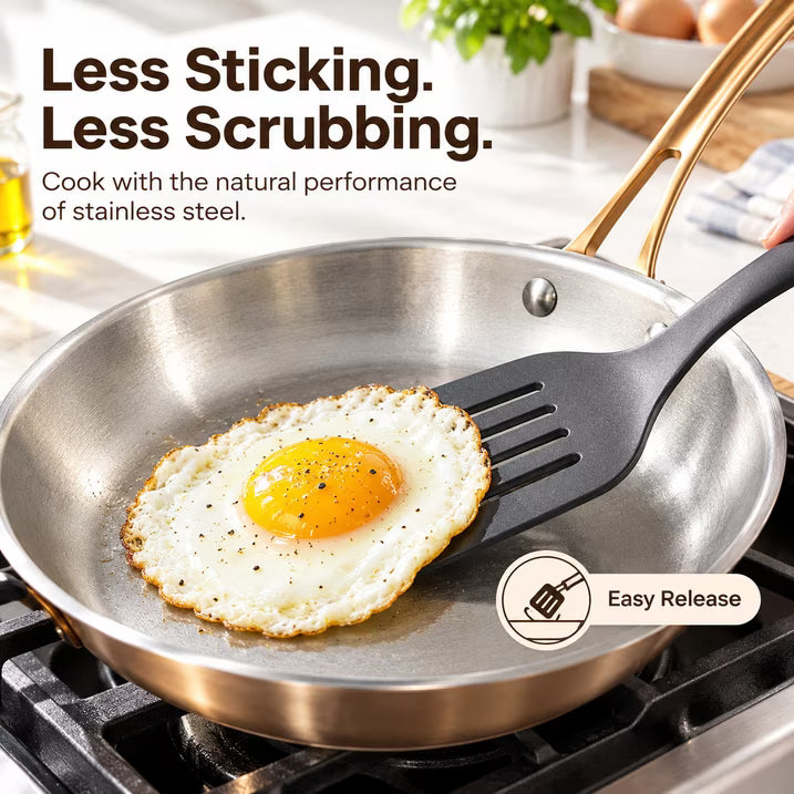 KITEXPERT 11 Inch Tri-Ply Stainless Steel Pan, Retro Skillet with Tempered Glass Lid, Cooking Pan, Non Toxic Cookware, Oven Safe, Dishwasher Friendly, Induction Compatible
