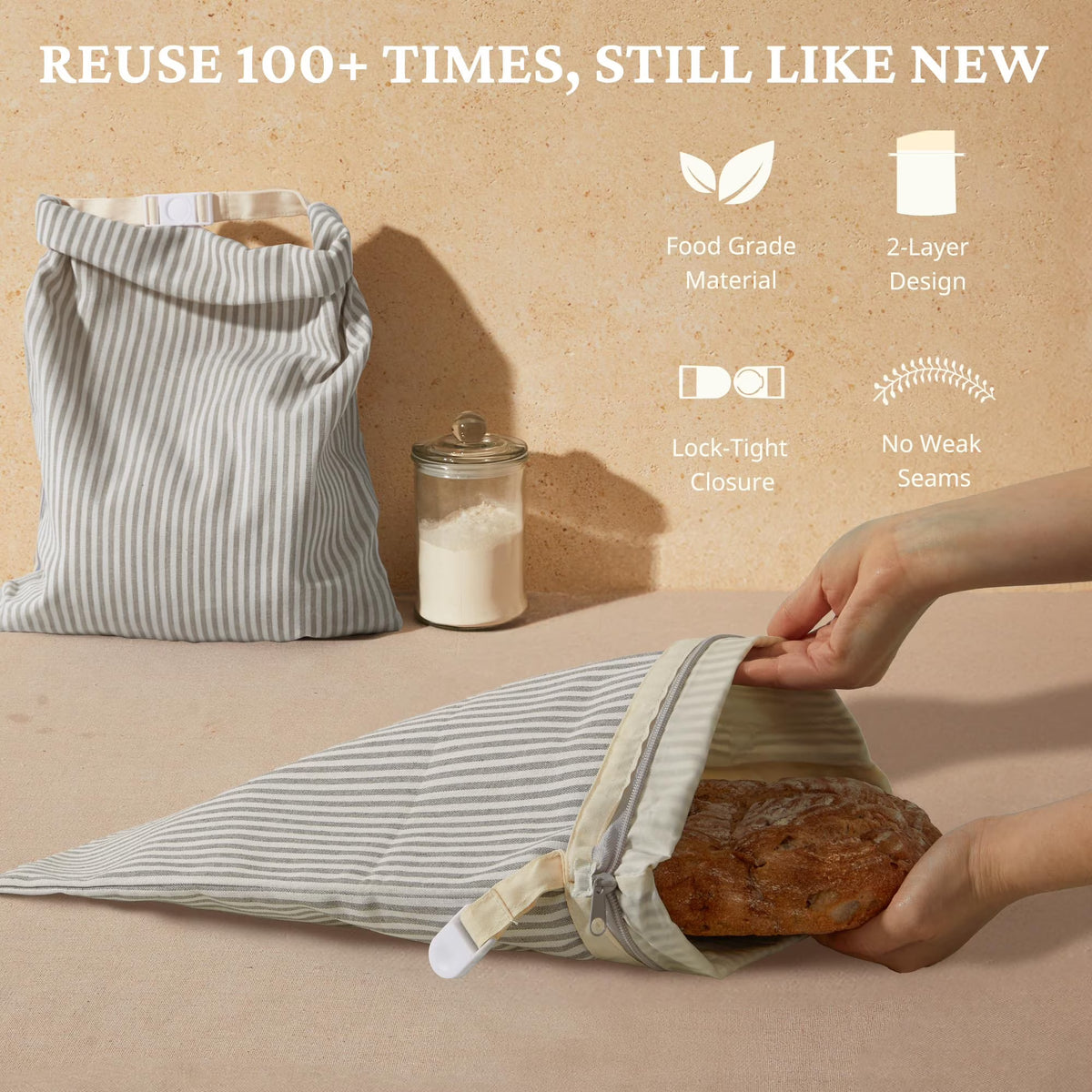 Hongbake Reusable Beeswax Bread Bags with Zipper, 2-Pack Beeswax Wrap for Food, Large 17x12.6in Waxed Bread Bags for Homemade Bread & Sourdough, Grey